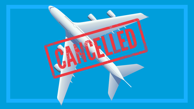 airplane on a blue background with a 'cancelled' stamp across it
